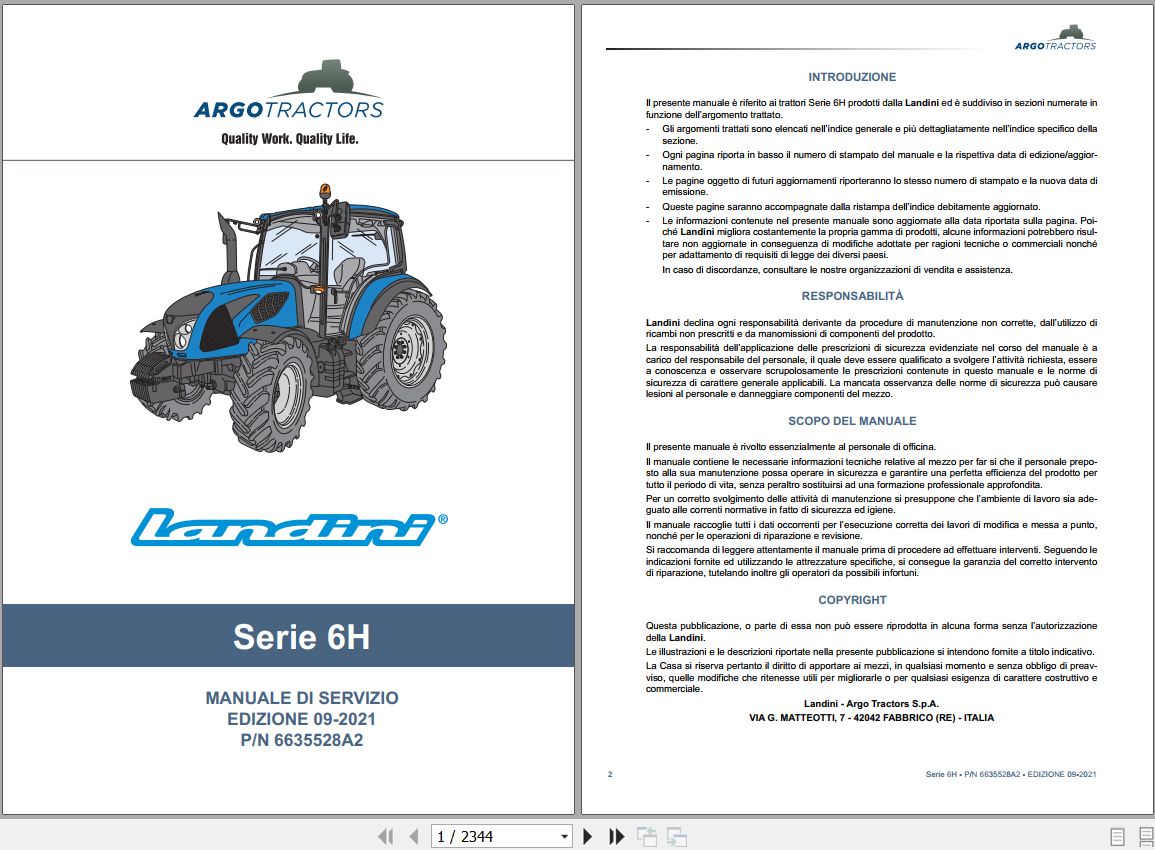 Landini Tractor 6 115H 6 125H 6 135H Service Manual 6635528A2 IT 1