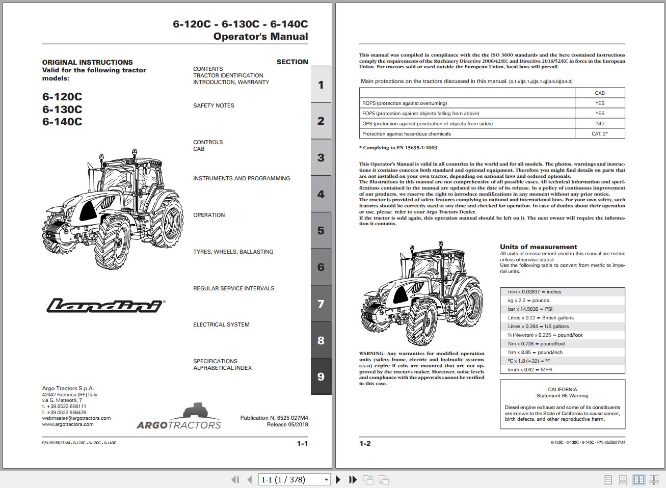 Landini Tractor 6 120C 6 130C 6 140C Operators Maintenance Manual 6525027M4 EN 1