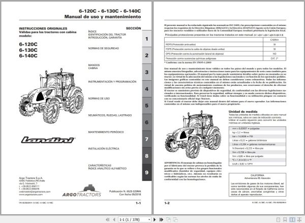 Landini Tractor 6 120C 6 130C 6 140C Operators Maintenance Manual 6525029M4 ES 1