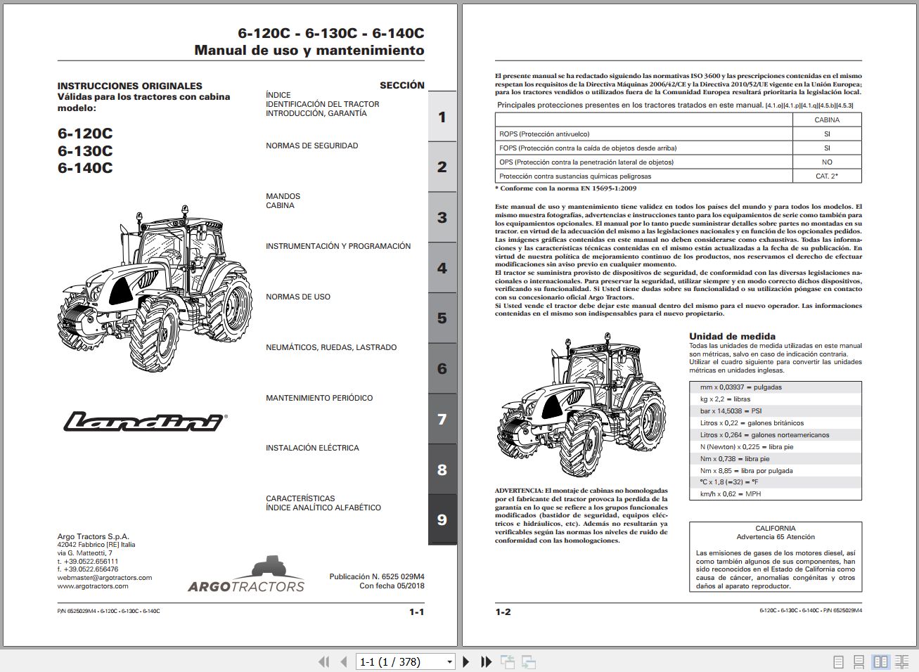 Landini Tractor 6 120C 6 130C 6 140C Operators Maintenance Manual 6525029M4 ES 1