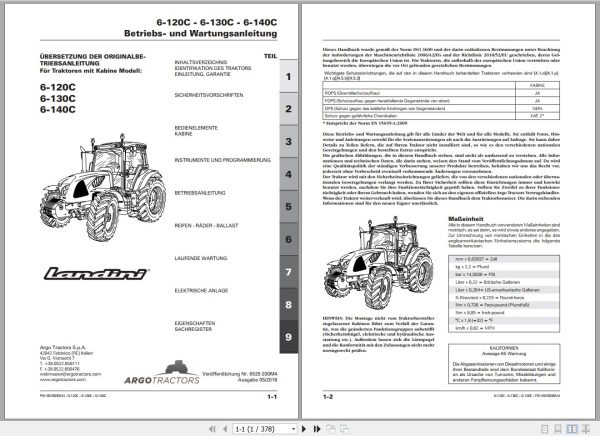 Landini Tractor 6 120C 6 130C 6 140C Operators Maintenance Manual 6525030M4 DE 1