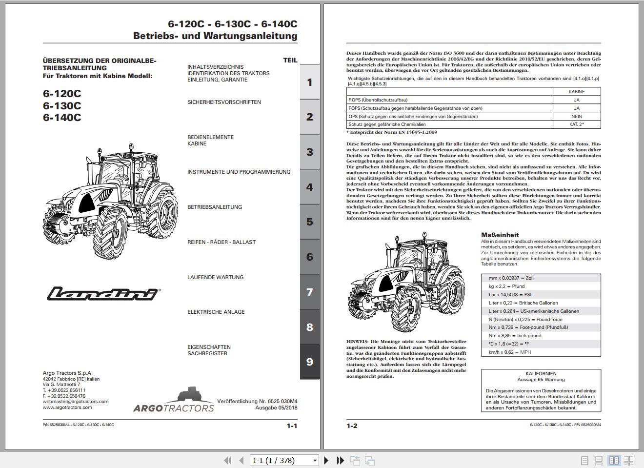 Landini Tractor 6 120C 6 130C 6 140C Operators Maintenance Manual 6525030M4 DE 1