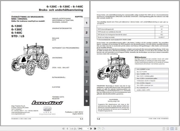 Landini Tractor 6 120C 6 130C 6 140C Operators Maintenance Manual 6601067A2 SV 1