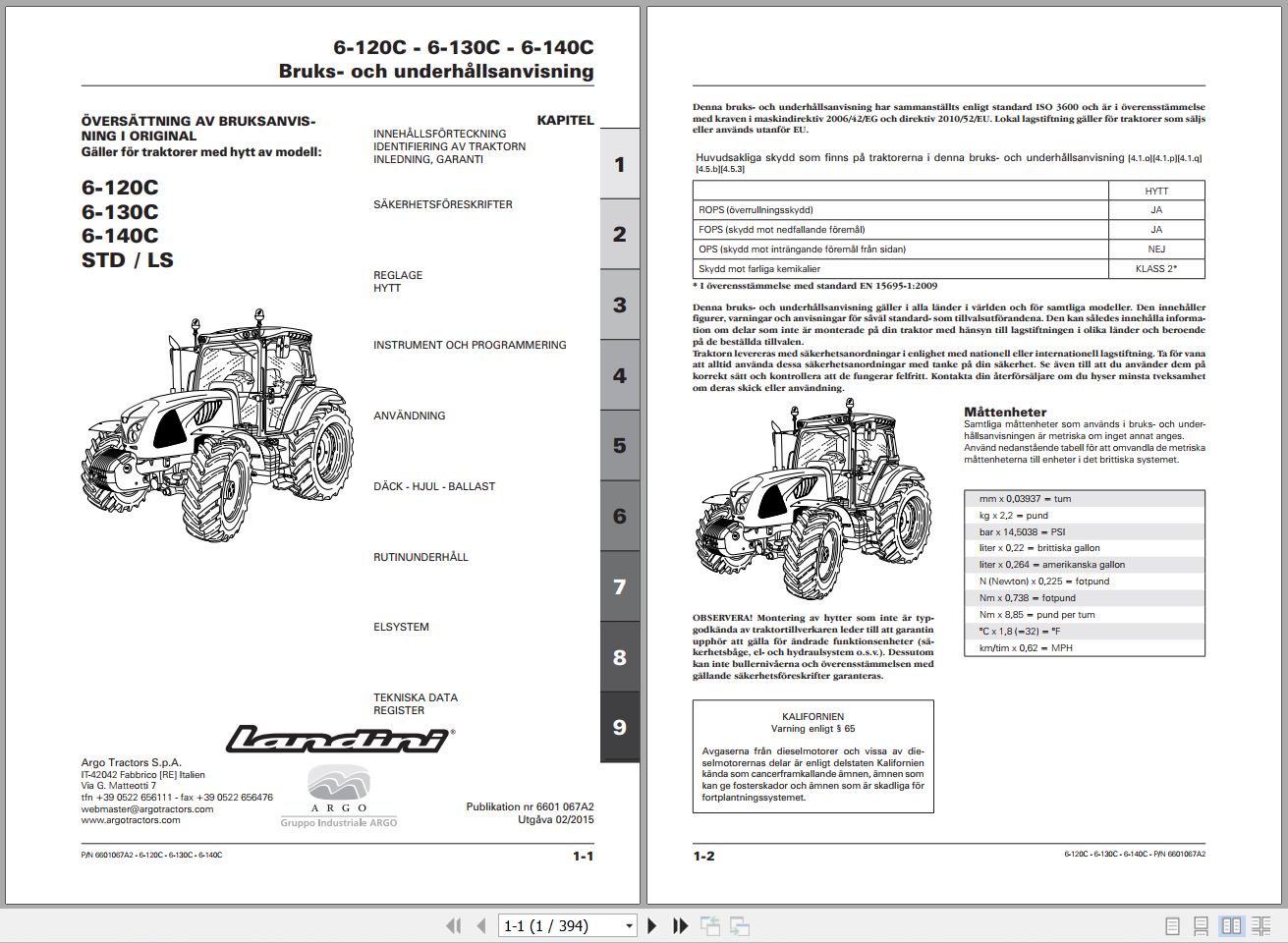 Landini Tractor 6 120C 6 130C 6 140C Operators Maintenance Manual 6601067A2 SV 1