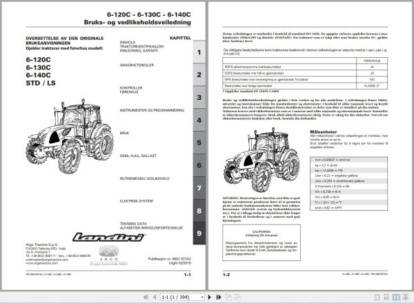 Landini Tractor 6 120C 6 130C 6 140C Operators Maintenance Manual 6601077A2 NO 1