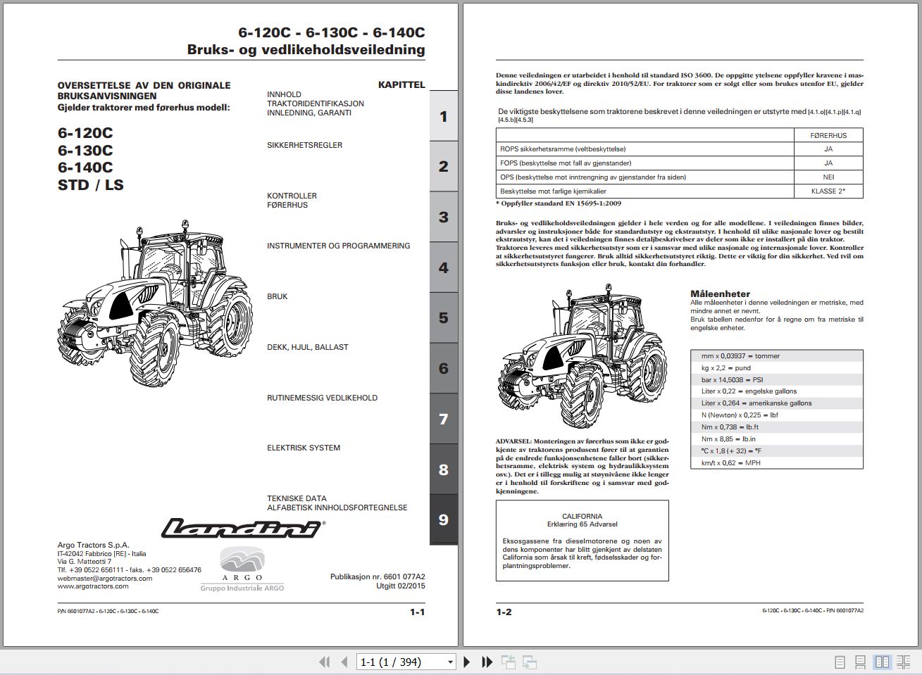 Landini Tractor 6 120C 6 130C 6 140C Operators Maintenance Manual 6601077A2 NO 1