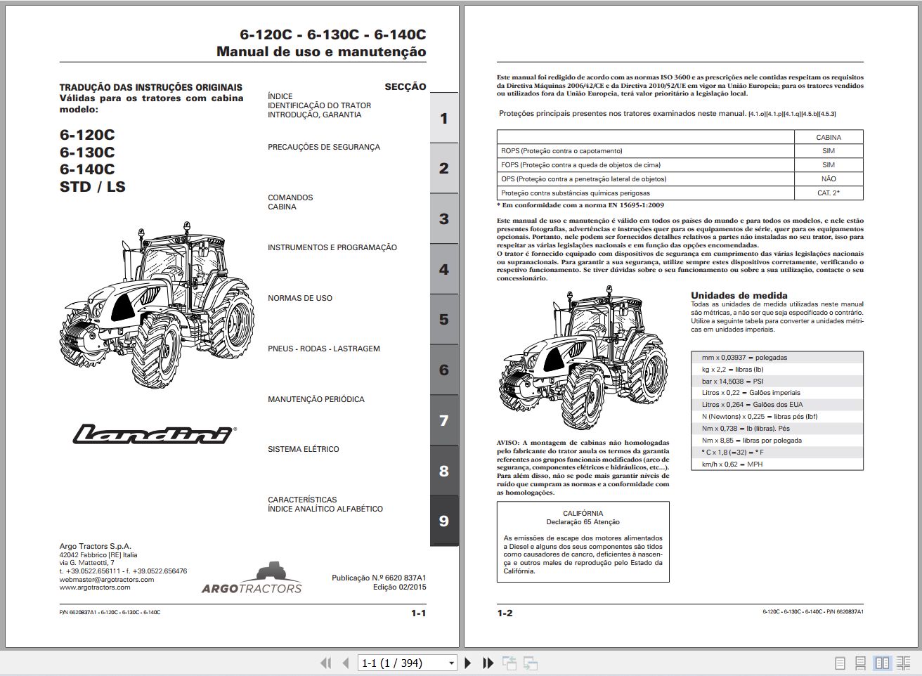 Landini Tractor 6 120C 6 130C 6 140C Operators Maintenance Manual 6620837A1 PT 1