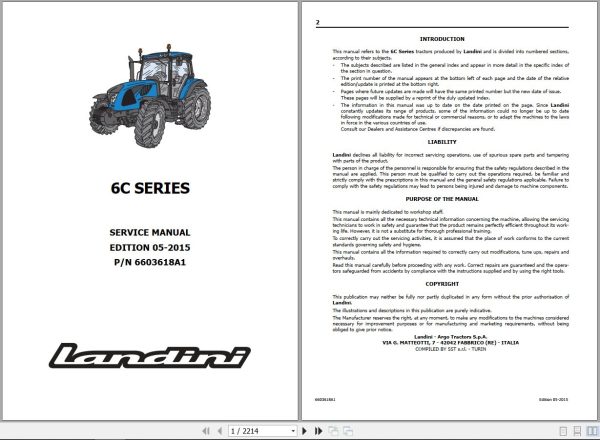 Landini Tractor 6 120C 6 130C 6 140C Service Manual 6603618A1 EN 1