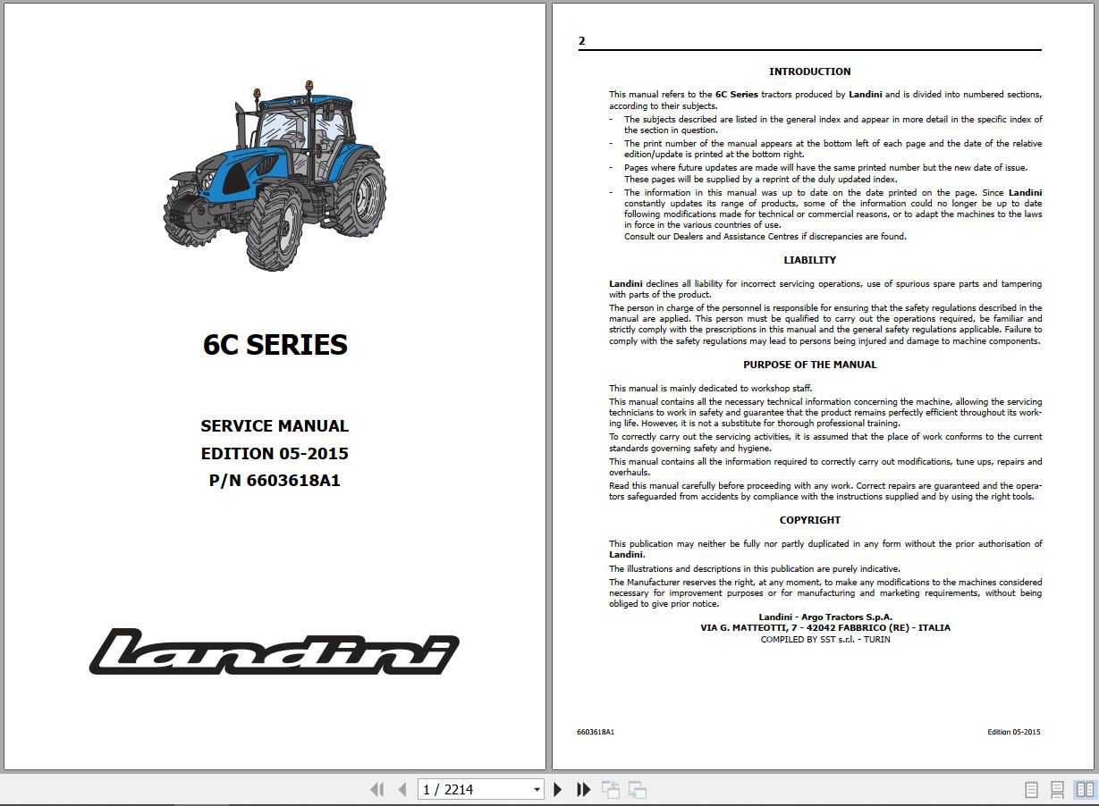 Landini Tractor 6 120C 6 130C 6 140C Service Manual 6603618A1 EN 1