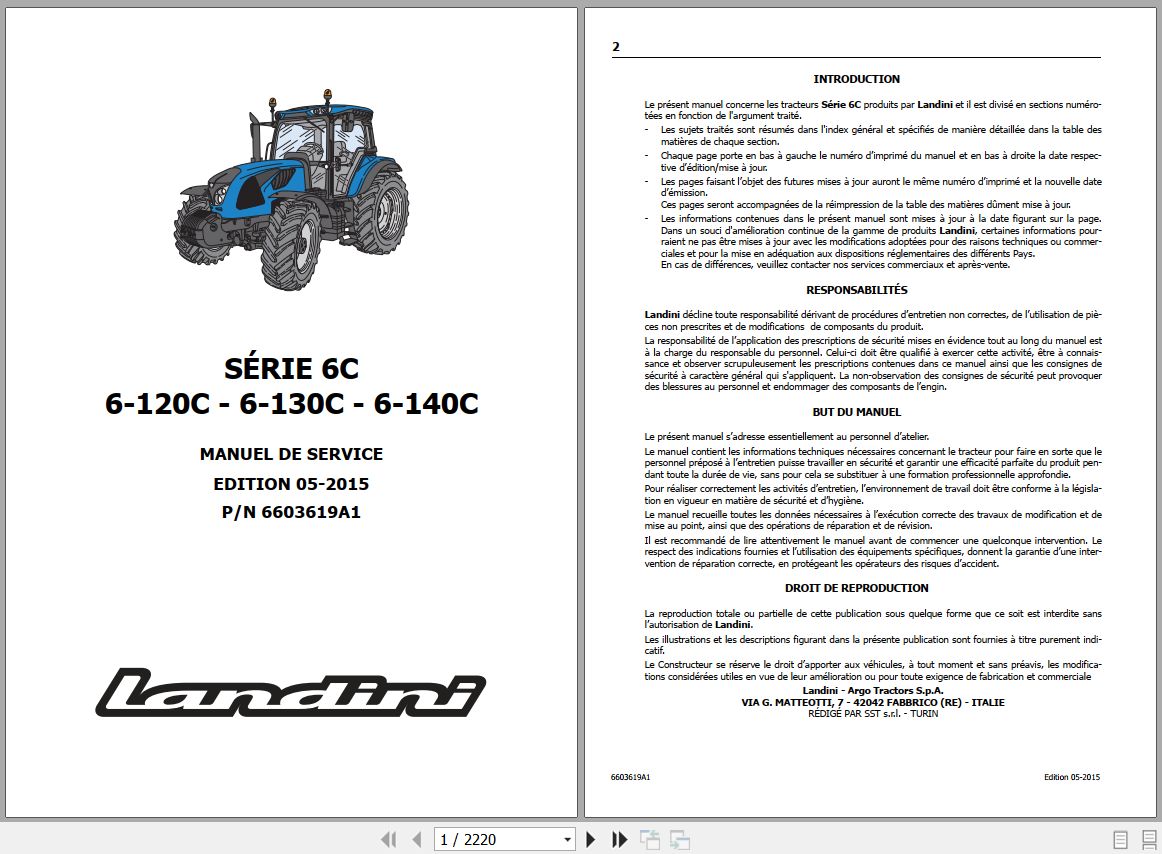 Landini Tractor 6 120C 6 130C 6 140C Service Manual 6603619A1 FR 1