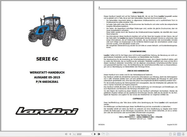 Landini Tractor 6 120C 6 130C 6 140C Service Manual 6603620A1 DE 1