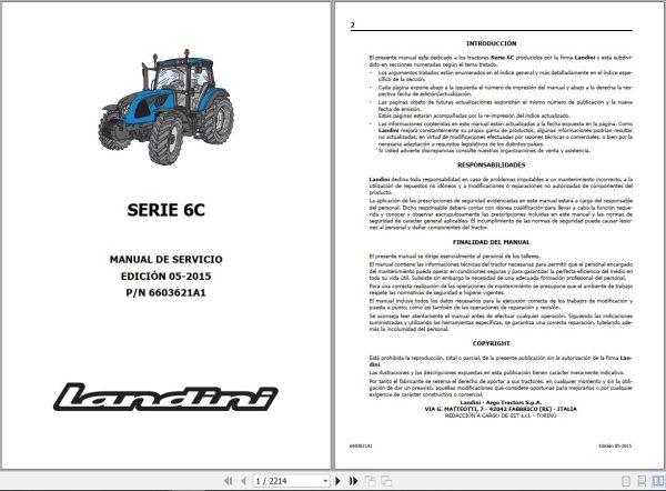 Landini Tractor 6 120C 6 130C 6 140C Service Manual 6603621A1 ES 1