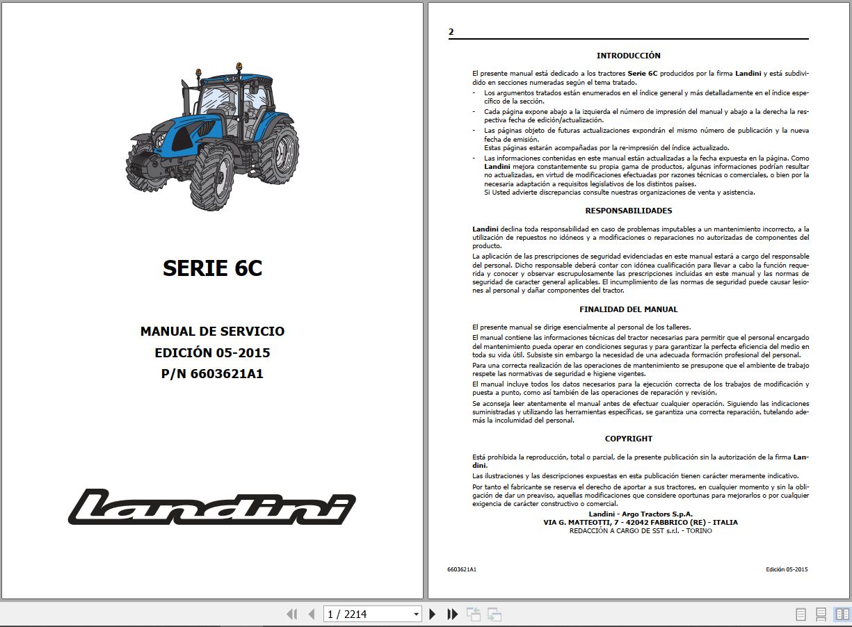 Landini Tractor 6 120C 6 130C 6 140C Service Manual 6603621A1 ES 1