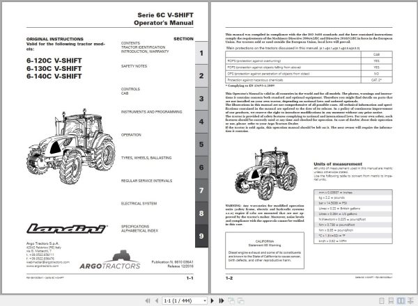 Landini Tractor 6 120C 6 130C 6 140C V SHIFT Operators Maintenance Manual 6610036A1 EN 1