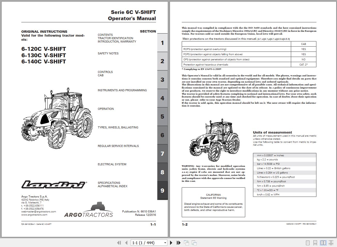 Landini Tractor 6 120C 6 130C 6 140C V SHIFT Operators Maintenance Manual 6610036A1 EN 1