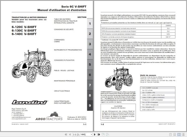 Landini Tractor 6 120C 6 130C 6 140C V SHIFT Operators Maintenance Manual 6610037A1 FR 1
