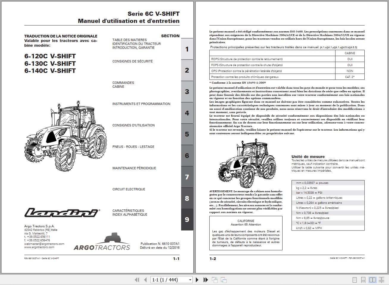 Landini Tractor 6 120C 6 130C 6 140C V SHIFT Operators Maintenance Manual 6610037A1 FR 1