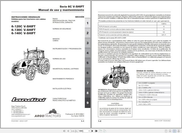 Landini Tractor 6 120C 6 130C 6 140C V SHIFT Operators Maintenance Manual 6610038A1 ES 1