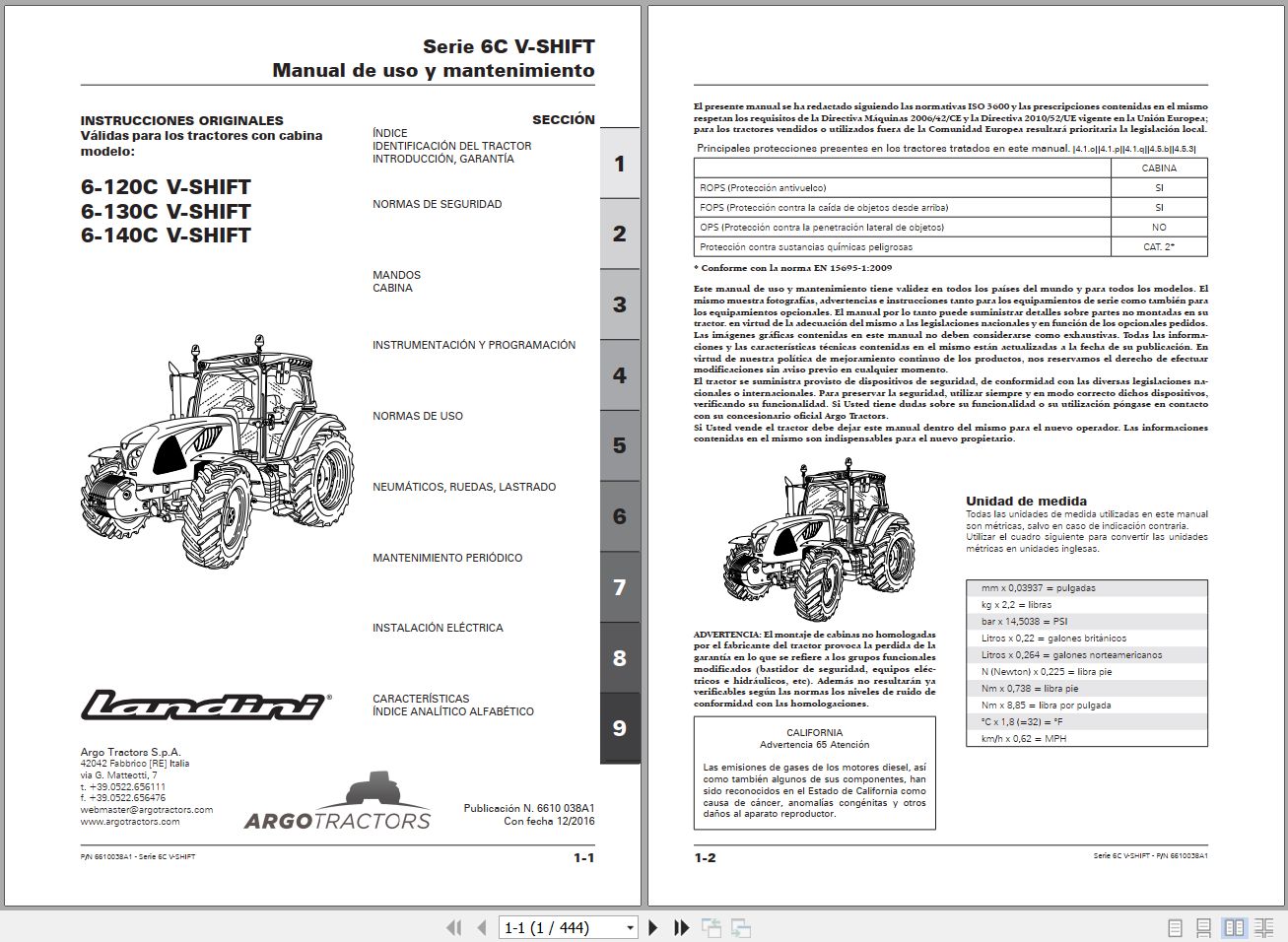 Landini Tractor 6 120C 6 130C 6 140C V SHIFT Operators Maintenance Manual 6610038A1 ES 1
