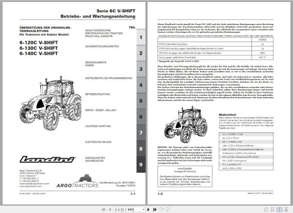 Landini Tractor 6 120C 6 130C 6 140C V SHIFT Operators Maintenance Manual 6610039A1 DE 1
