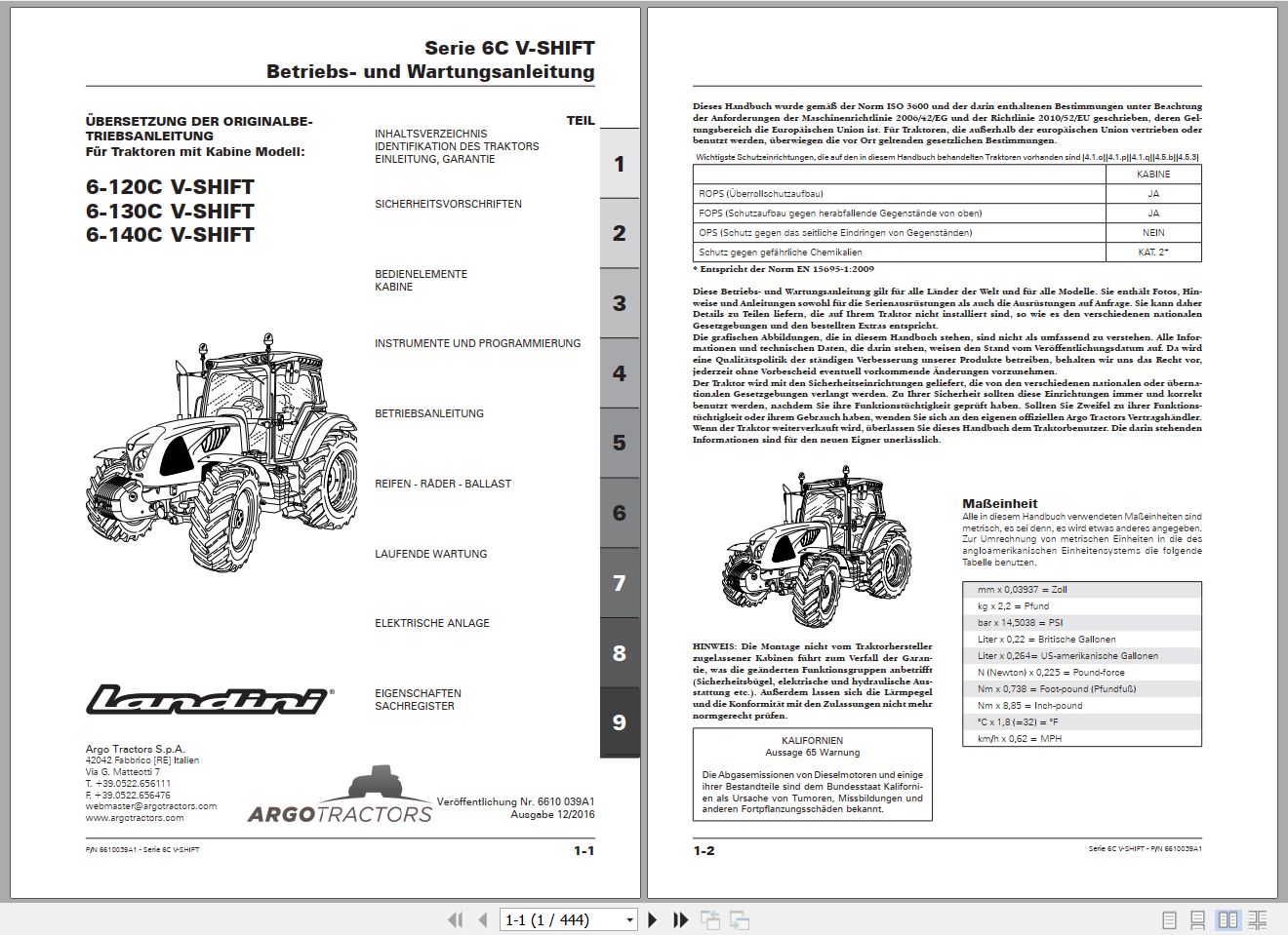 Landini Tractor 6 120C 6 130C 6 140C V SHIFT Operators Maintenance Manual 6610039A1 DE 1
