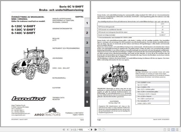 Landini Tractor 6 120C 6 130C 6 140C V SHIFT Operators Maintenance Manual 6627047A1 SV 1