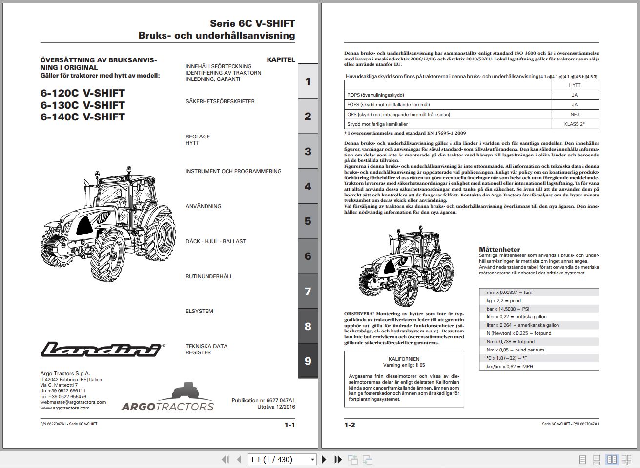 Landini Tractor 6 120C 6 130C 6 140C V SHIFT Operators Maintenance Manual 6627047A1 SV 1