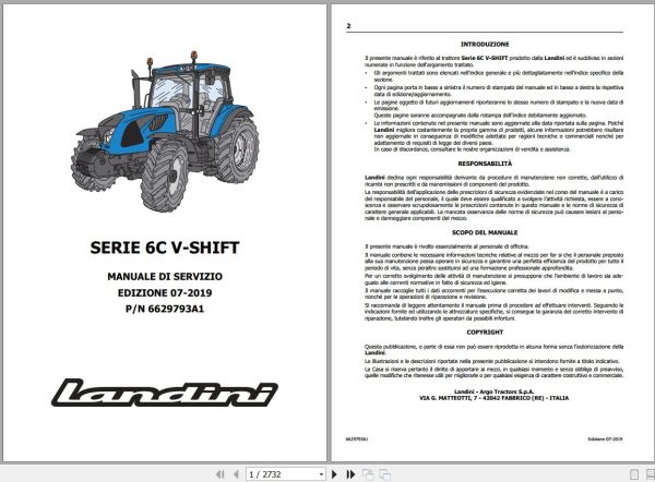 Landini Tractor 6 120C 6 130C 6 140C V SHIFT Service Manual 6629793A1 IT 1