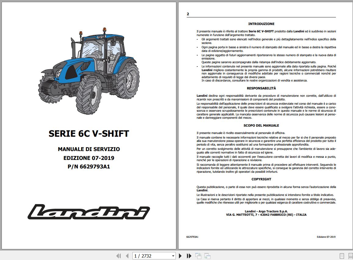 Landini Tractor 6 120C 6 130C 6 140C V SHIFT Service Manual 6629793A1 IT 1
