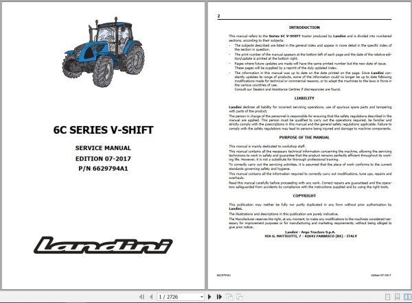 Landini Tractor 6 120C 6 130C 6 140C V SHIFT Service Manual 6629794A1 EN 1