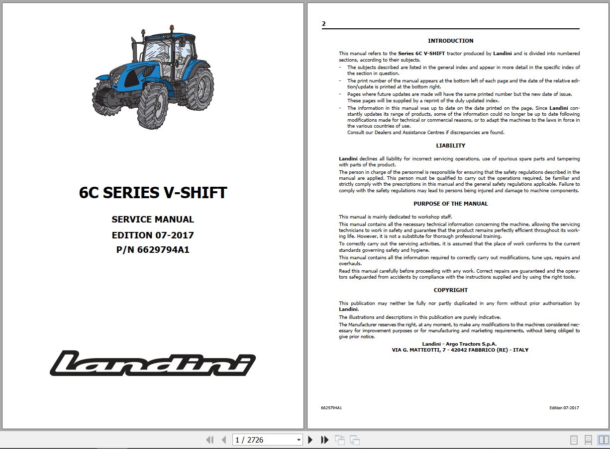 Landini Tractor 6 120C 6 130C 6 140C V SHIFT Service Manual 6629794A1 EN 1