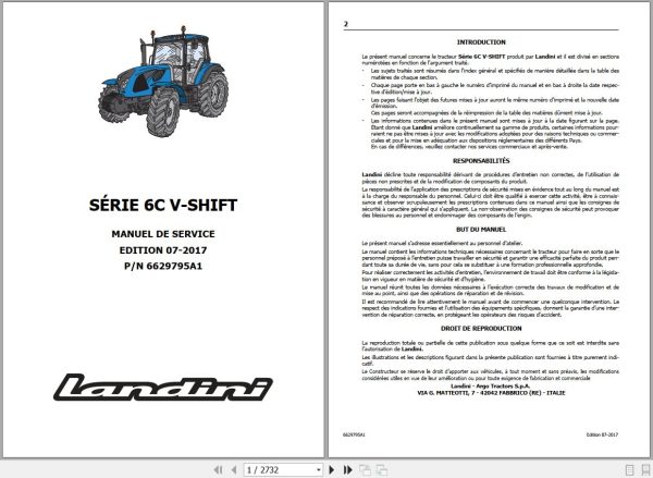 Landini Tractor 6 120C 6 130C 6 140C V SHIFT Service Manual 6629795A1 FR 1