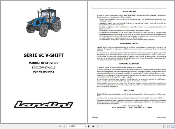 Landini Tractor 6 120C 6 130C 6 140C V SHIFT Service Manual 6629796A1 ES 1
