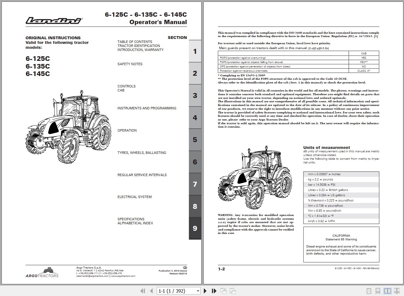 Landini Tractor 6 125C 6 135C 6 145C Operators Maintenance Manual 6618944A2 EN 1