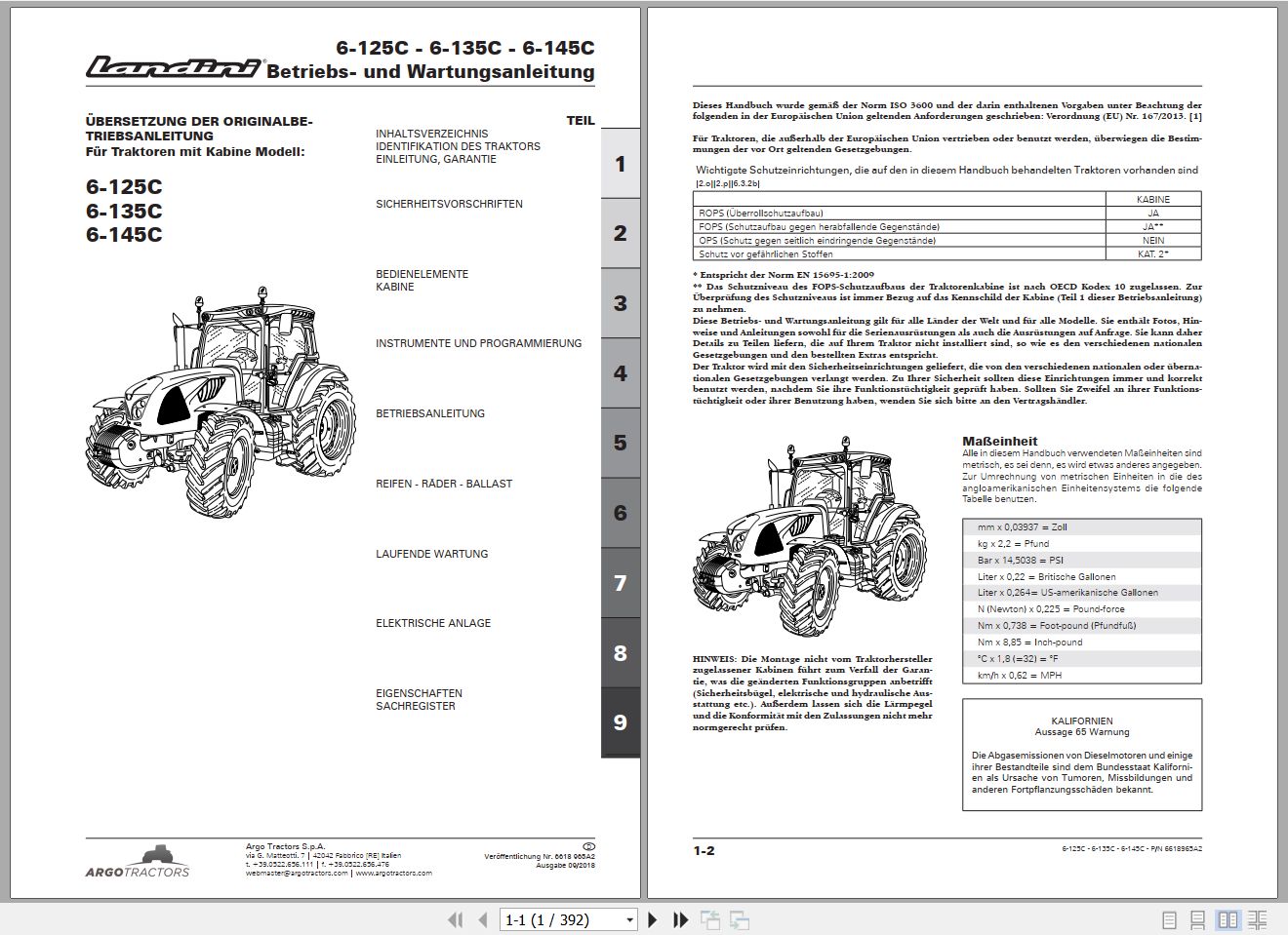 Landini Tractor 6 125C 6 135C 6 145C Operators Maintenance Manual 6618965A2 DE 1