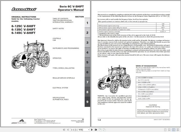 Landini Tractor 6 125C 6 135C 6 145C V SHIFT Operators Maintenance Manual 6642505A2 EN 1
