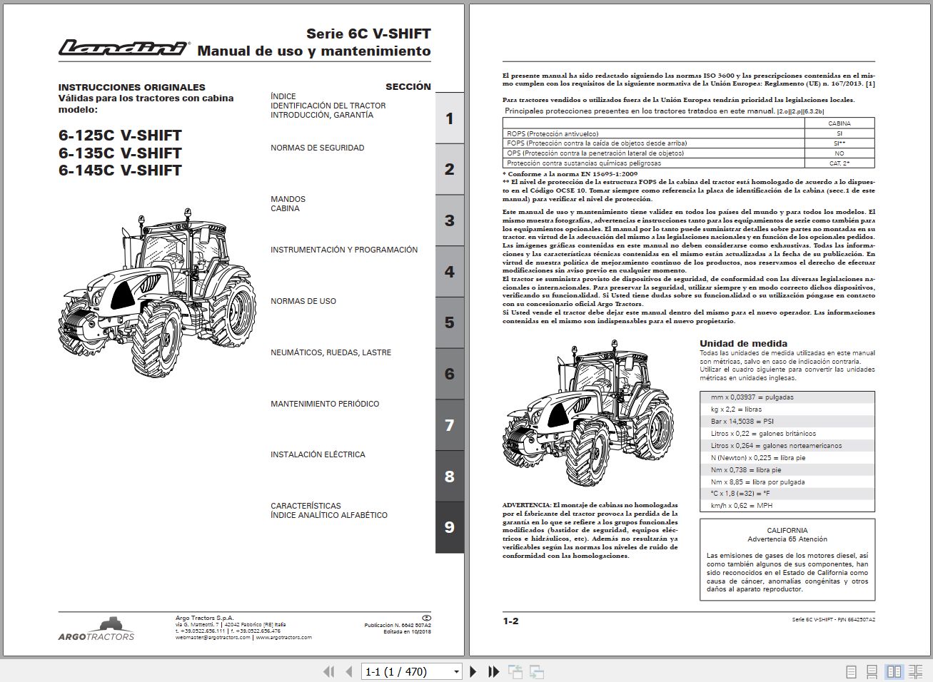 Landini Tractor 6 125C 6 135C 6 145C V SHIFT Operators Maintenance Manual 6642507A2 ES 1