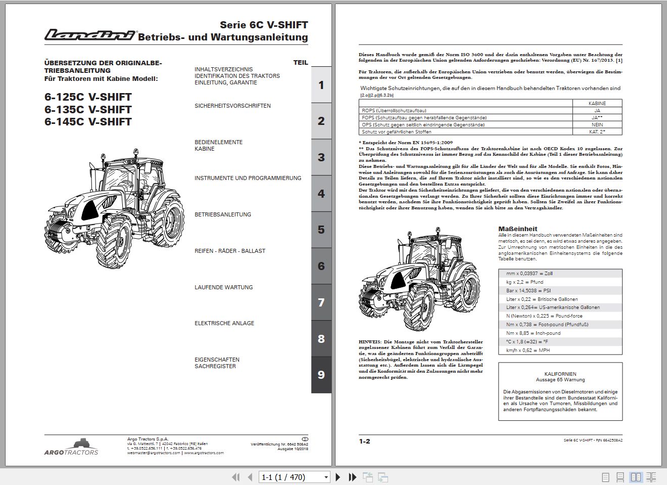 Landini Tractor 6 125C 6 135C 6 145C V SHIFT Operators Maintenance Manual 6642508A2 DE 1