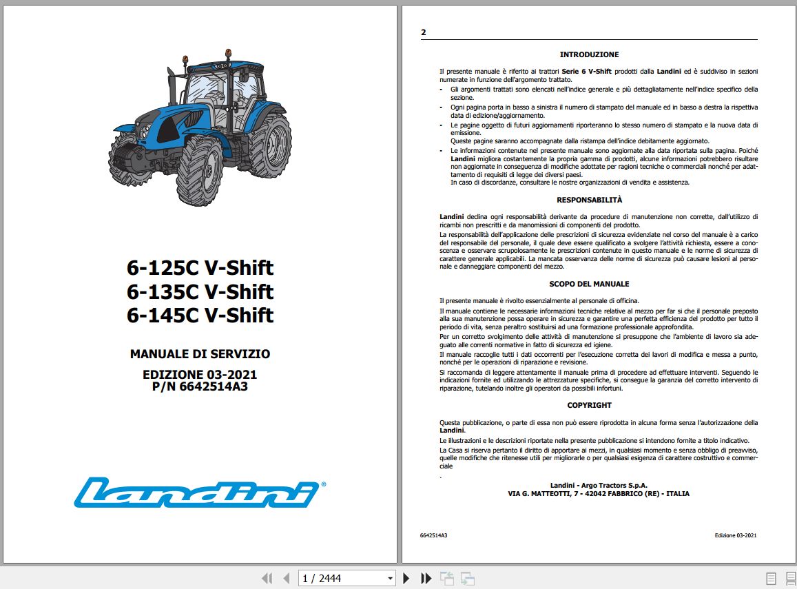 Landini Tractor 6 125C 6 135C 6 145C V Shift Service Manual 6642514A3 IT 1