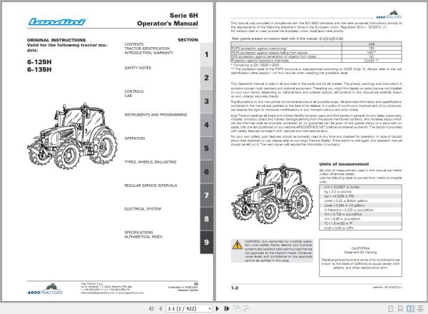 Landini Tractor 6 125H 6 135H Operators Maintenance Manual 6708732A1 EN 1