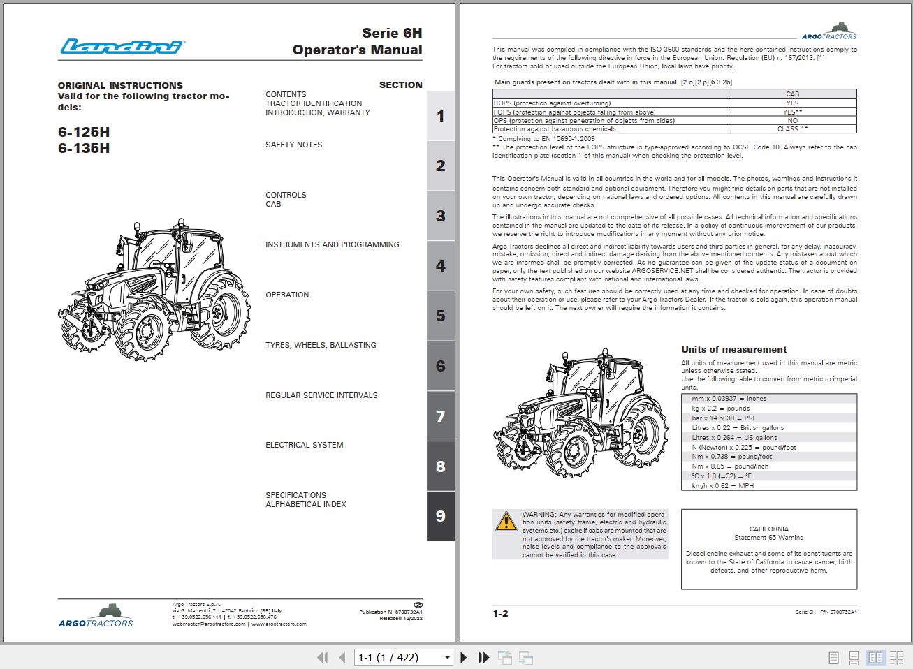 Landini Tractor 6 125H 6 135H Operators Maintenance Manual 6708732A1 EN 1