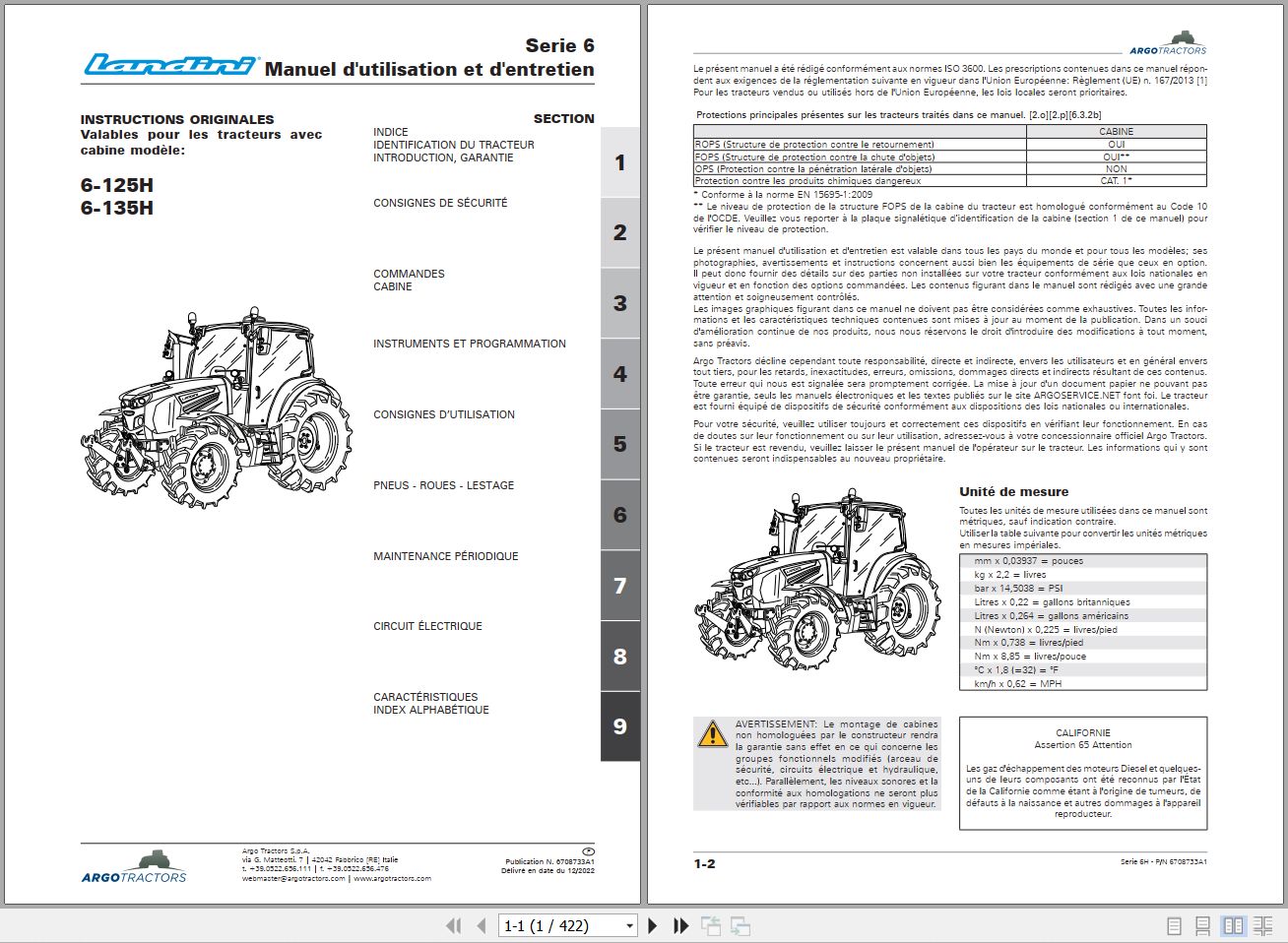 Landini Tractor 6 125H 6 135H Operators Maintenance Manual 6708733A1 FR 1