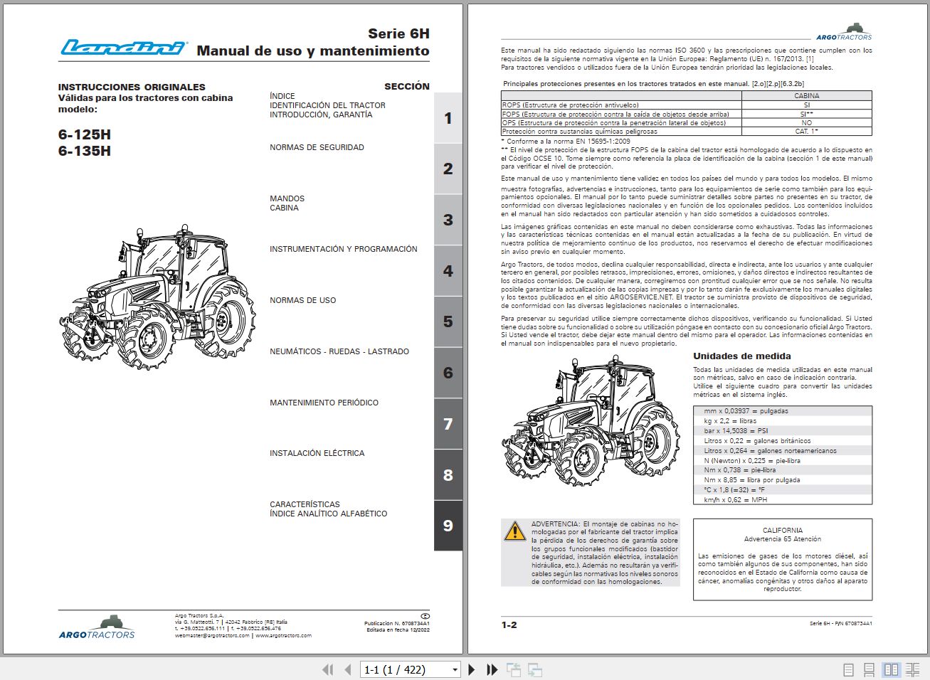 Landini Tractor 6 125H 6 135H Operators Maintenance Manual 6708734A1 ES 1
