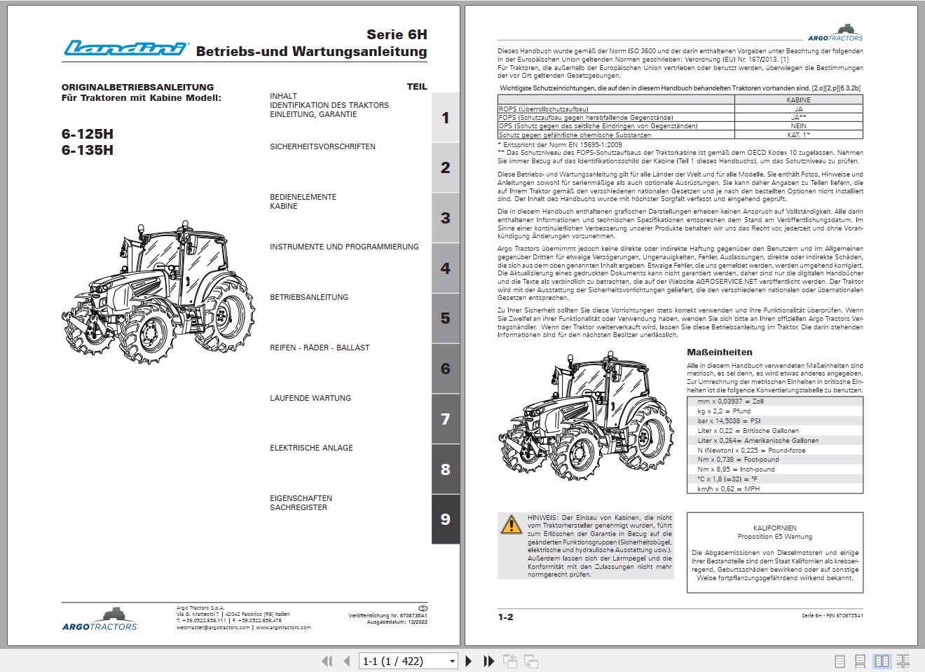 Landini Tractor 6 125H 6 135H Operators Maintenance Manual 6708735A1 DE 1