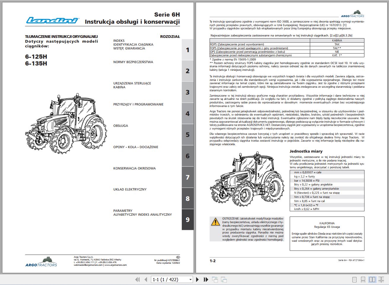 Landini Tractor 6 125H 6 135H Operators Maintenance Manual 6727098A1 PL 1