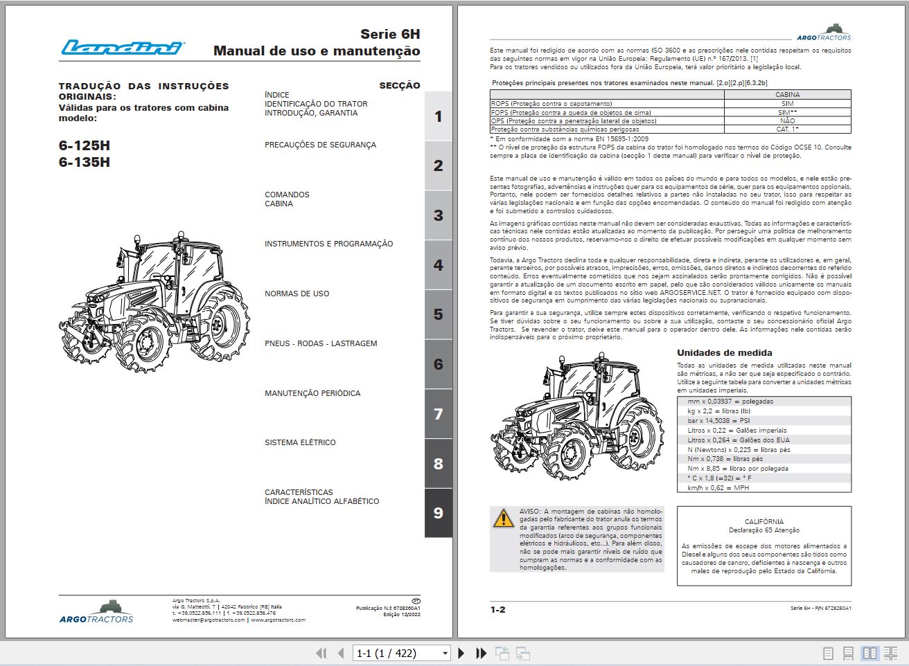 Landini Tractor 6 125H 6 135H Operators Maintenance Manual 6728260A1 PT 1