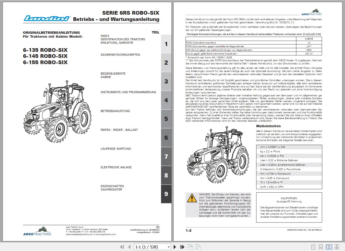 Landini Tractor 6 135 6 145 6 155 ROBO SIX Operators Maintenance Manual 6675560A2 DE 1