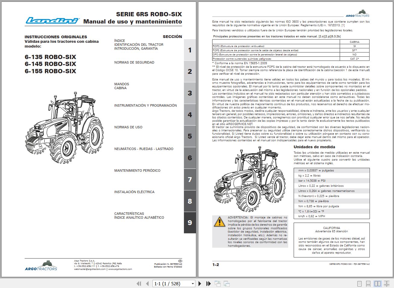 Landini Tractor 6 135 6 145 6 155 ROBO SIX Operators Maintenance Manual 6675561A2 ES 1