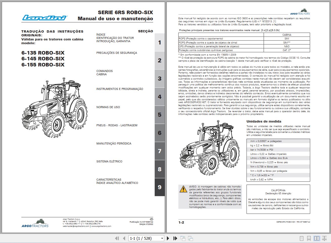 Landini Tractor 6 135 6 145 6 155 ROBO SIX Operators Maintenance Manual 6716967A2 PT 1