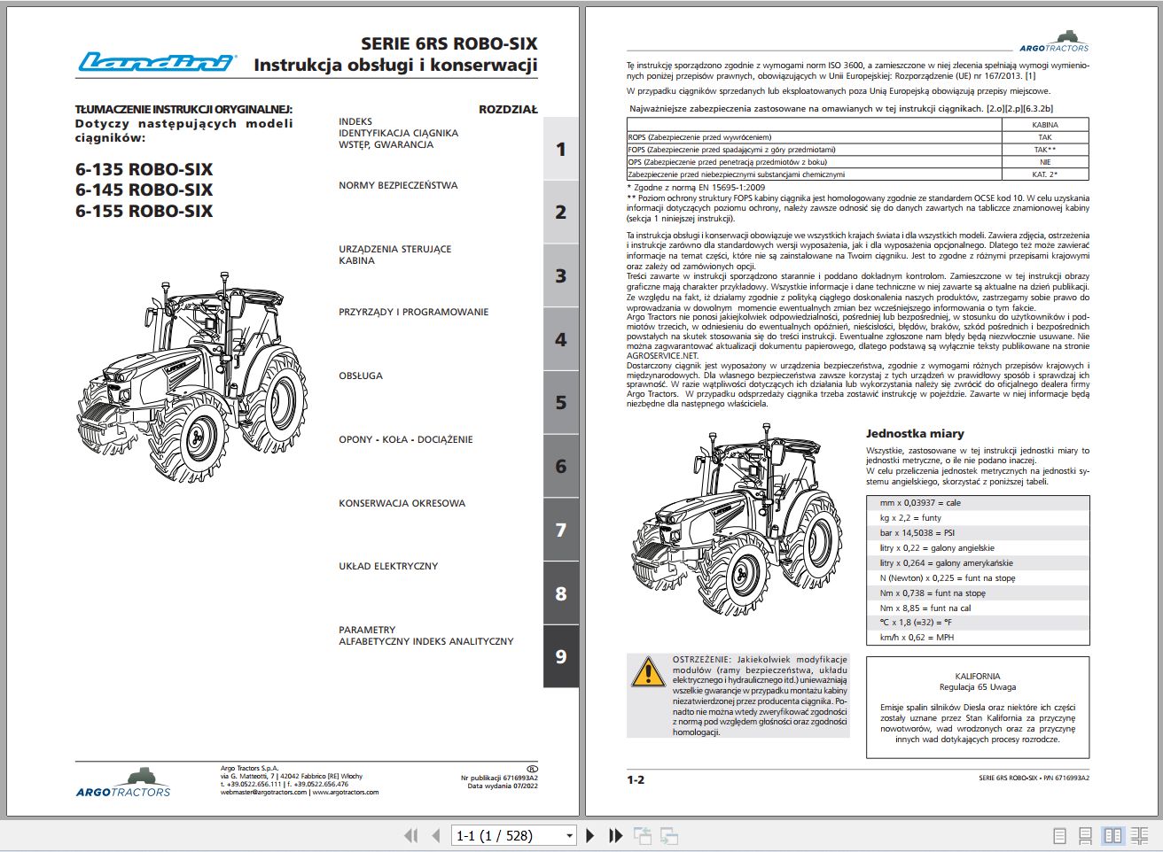 Landini Tractor 6 135 6 145 6 155 ROBO SIX Operators Maintenance Manual 6716993A2 PL 1